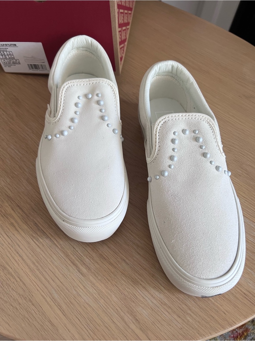 Vans White Slip-On Sneakers with Pearl Stud Accents